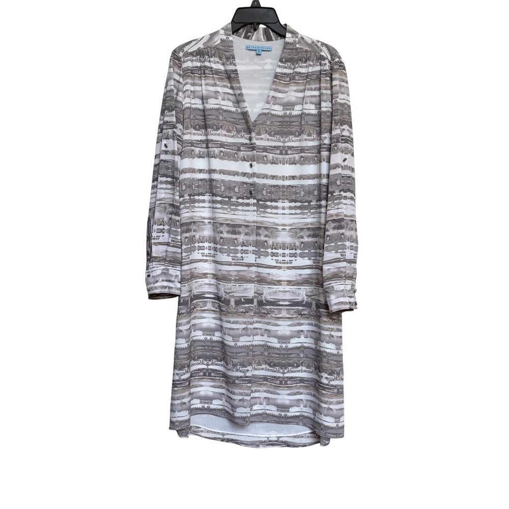 Antonio Melani Gray Abstract Stripe V-Neck Toggle Button‎ Shift Dress 8 Luxury